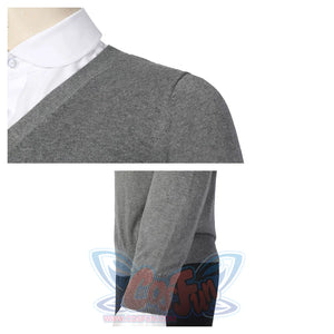 Close - up of the gray cardigan from the Eugene Otinger cosplay casual look, highlighting fabric texture and fit, against a plain white background.
