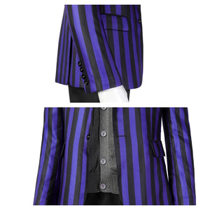 Dual close - up view of the Eugene Otinger cosplay blazer’s sleeve buttons and inner vest, showcasing design details, against a plain white background.