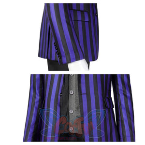 Dual close - up view of the Eugene Otinger cosplay blazer’s sleeve buttons and inner vest, showcasing design details, against a plain white background.