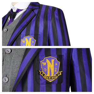 Close - up of the Eugene Otinger cosplay blazer’s emblem, showing the purple - and - gold design on the striped fabric, against a plain white background.