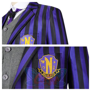 Close - up of the Eugene Otinger cosplay blazer’s emblem, showing the purple - and - gold design on the striped fabric, against a plain white background.