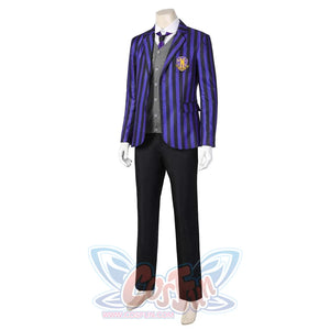 Another front view of the Eugene Otinger cosplay attire, highlighting the blazer’s fit, vest details, and coordinated shirt - tie combo, set against a white backdrop.
