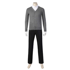 Mannequin displays a more casual Eugene Otinger cosplay ensemble, with a gray cardigan, white shirt, and black pants, against a plain white background.
