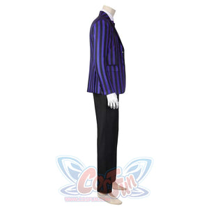 Side perspective of the Eugene Otinger cosplay suit, showcasing the blazer’s length, pant fit, and overall silhouette, with a plain white background.