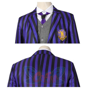 Dual close - up view of the Eugene Otinger cosplay suit’s upper body, showcasing the blazer - vest - shirt - tie combo from front and back, against a plain white background.