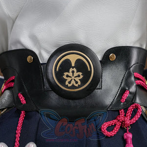 Evanescia cosplay black leather waist belt with gold sakura flower emblem and pink tassel decorations