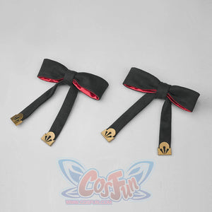 Evanescia cosplay pair of black double-tail bow hair ribbons with red lining and gold fan-shaped ornament tips at the ends.