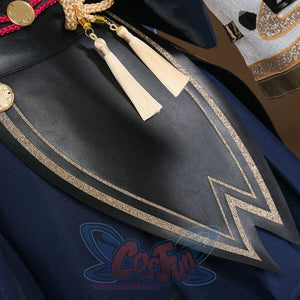 Evanescia cosplay black sword sheath with gold chevron design and cream tassels, with gold coin charm and pink braided cord.