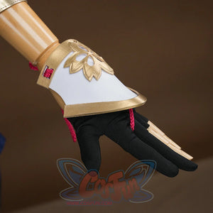 Evanescia cosplay black glove with white and gold sakura gauntlet and gold claw fingertip extensions at the wrist.
