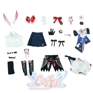 Evanescia cosplay complete costume set flat lay with all pieces and accessories organized display