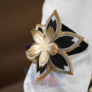 Evanescia cosplay gold sakura hair ornament with black-tipped petals on a black band, shown worn on a mannequin head.