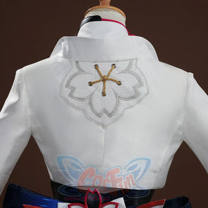 Evanescia cosplay white jacket back with a large embroidered sakura and gold rope knot, with navy hakama visible below.