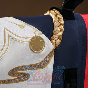 Evanescia cosplay jacket shoulder with gold braided epaulette, gold sakura coin medallion, and gold wave embroidery.