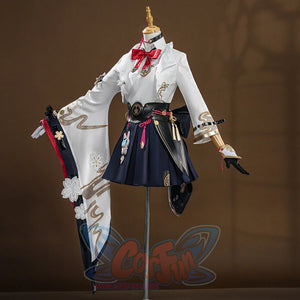 Evanescia cosplay left side view showing white jacket detail, navy hakama with decorative sword accessories