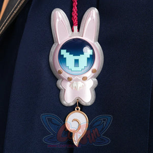 Evanescia cosplay pink rabbit charm with digital display, gold buttons, and hanging gold swirl pendant