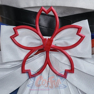 Evanescia cosplay close-up of the red sakura outline emblem placed at the center of the white pleated back bow.