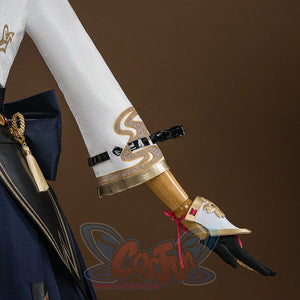 Evanescia cosplay white sleeve with gold dragon swirl embroidery, black bracelet, gold gauntlet, and red ribbon on hand.