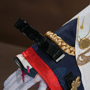 Evanescia cosplay shoulder with black buckle strap, gold braided rope, navy uniform, red stripe, and gold sakura button.