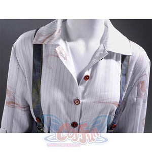 Close-up of Clea Dessendre cosplay costume white striped shirt with brown buttons and shoulder strap details