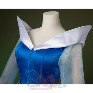 Fairy Tale Aurora Princess Cosplay Costume Sparkling Blue Gown, the collar is a white wide V-shaped