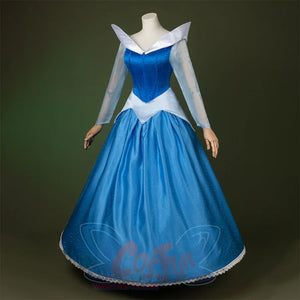 Fairy Tale Aurora Princess Cosplay Costume Sparkling Blue Gown, blue and white dress with diamonds, right side view