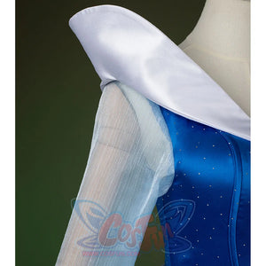 Fairy Tale Aurora Princess Cosplay Costume Sparkling Blue Gown, the collar is white and stand