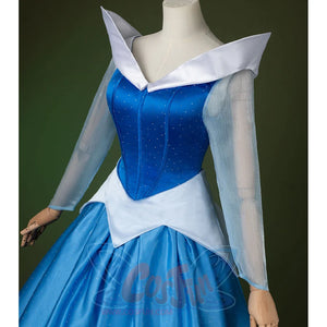Fairy Tale Aurora Princess Cosplay Costume Sparkling Blue Gown, white coliar, light blue sleeves