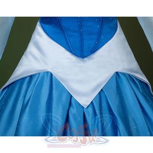 Fairy Tale Aurora Princess Cosplay Costume Sparkling Blue Gown, the white waist is cut in the shape of petals