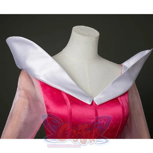 Fairy Tale Aurora Princess Cosplay Costume Sparkling Pink Gown, the collar is a white wide V-shaped