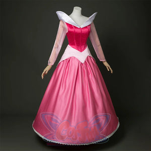 Fairy Tale Aurora Princess Cosplay Costume Sparkling Pink Gown, pink and white dress with diamonds, left side view