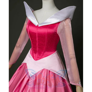 Fairy Tale Aurora Princess Cosplay Costume Sparkling Pink Gown, white coliar, light pink sleeves