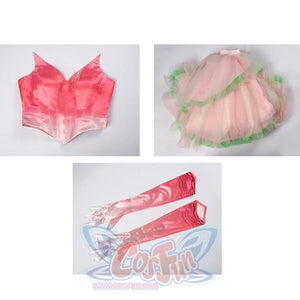 Full set display: Glinda Cosplay Costume set with pink ombre sleeveless top, layered tulle puff skirt with mint green hem trim, and long pink ombre gloves.