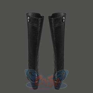 Sue Storm cosplay shoes back view featuring black boots with silver zipper and hardware detailing