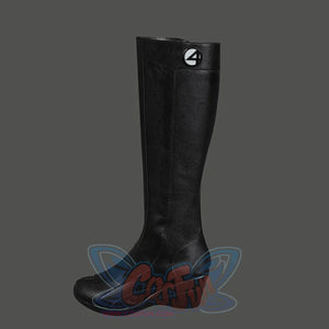 Sue Storm cosplay shoes side profile with Fantastic Four logo medallion on black knee-high boot