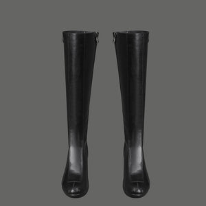 Sue Storm cosplay shoes front view showing black knee-high boots with zipper and textured PU leather