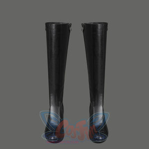 Sue Storm cosplay shoes front view showing black knee-high boots with zipper and textured PU leather