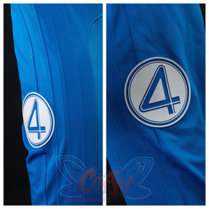 Close - up of the leg part of the Fantastic Four costume, featuring the blue pants and the iconic white “4” emblem.