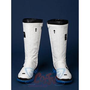 A front view of the cosplay boots, highlighting the white upper, black details, and blue sole.