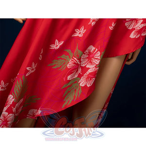 Aerith cosplay red skirt hem with pink floral printed detail, swimsuit costume piece