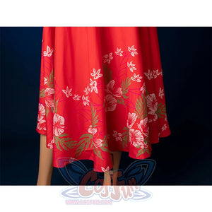 Aerith cosplay red apron floral print pattern closeup, outer layer detail for costume