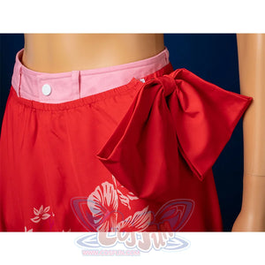 Aerith cosplay red apron skirt bow detail with floral print, swimsuit piece styled
