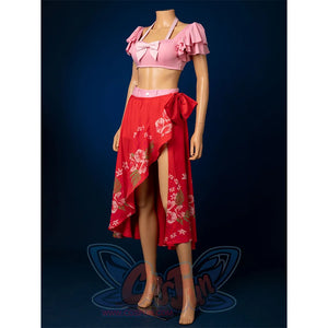 Aerith cosplay costume left side view showing pink frilled top, red asymmetrical skirt