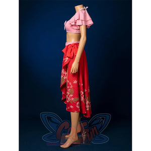 Aerith cosplay swimsuit side detail of pink ruffled top, red floral printed skirt