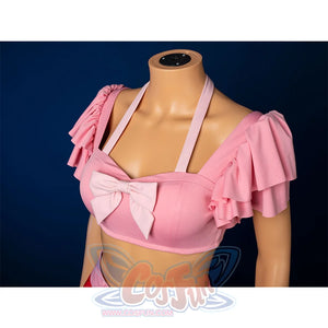 Aerith cosplay top closeup with pink bow, ruffled sleeves detail for swimsuit costume