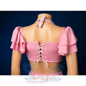 Aerith cosplay swimsuit top back lace-up detail with ruffled sleeves, costume piece