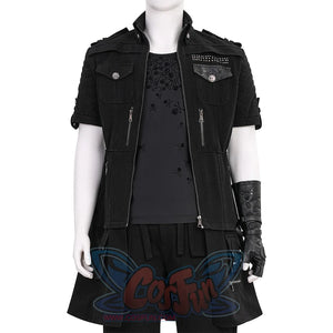 Final Fantasy XV Noctis Cosplay Costume, short-sleeve black denim jacket with some zipper and button decorations.