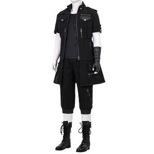 Final Fantasy XV Noctis Cosplay Costume, black outfit with rich details, left side view.