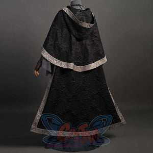 Presents back of black hooded cloak with decorative gray trim. Trim’s repeating pattern frames the cloak, enhancing its structured silhouette.
