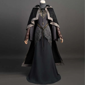 Shows a mannequin in a full-length cosplay gown. Fitted bodice meets a flowing skirt. Hooded cloak balances lace insets with bold shoulder panels.