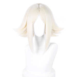 GACHIAKUTA Eishia cosplay wig front view, short platinum blonde bob with flared ends